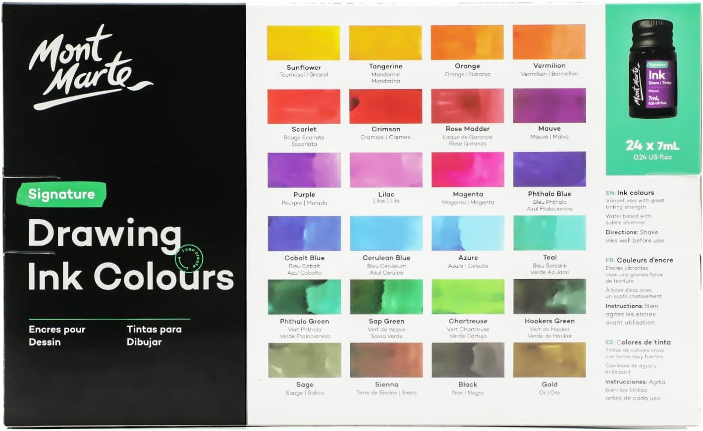 Mont Marte Drawing Ink Colors Signature 24pc x 0.24 US fl.oz (7ml), Art Set Includes Vibrant Ink Colors, for Illustration, Calligraphy, Scrapbooking.