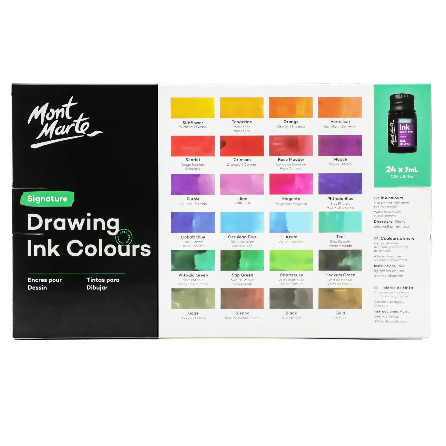 Mont Marte Inchiostro da disegno firma 24 pezzi x 0,24 ml US fl.oz (7 ml), set artistico include colori vibranti, per illustrazione, calligrafia, scrapbooking.