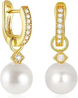 14K Gold Plated S925 Pearl and Cubic Zirconia Drop Earrings, CZ Pearl Huggie Earrings, Small Pearl Drop Earrings, Tiny Pearl Earrings Dangle, Pearl Hoop Earrings for Women, Pearl Wedding Bridal Earrings