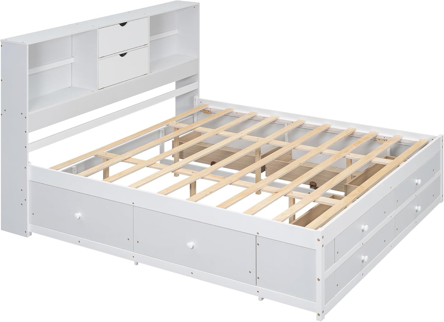 Harper & Bright Designs Queen Size Platform Bed with Storage Drawers and Bookcase Headboard, Queen Storage Bed Frame, Wood Queen Bed Frame for Kids Teens Adults, White, White(8 Drawers)