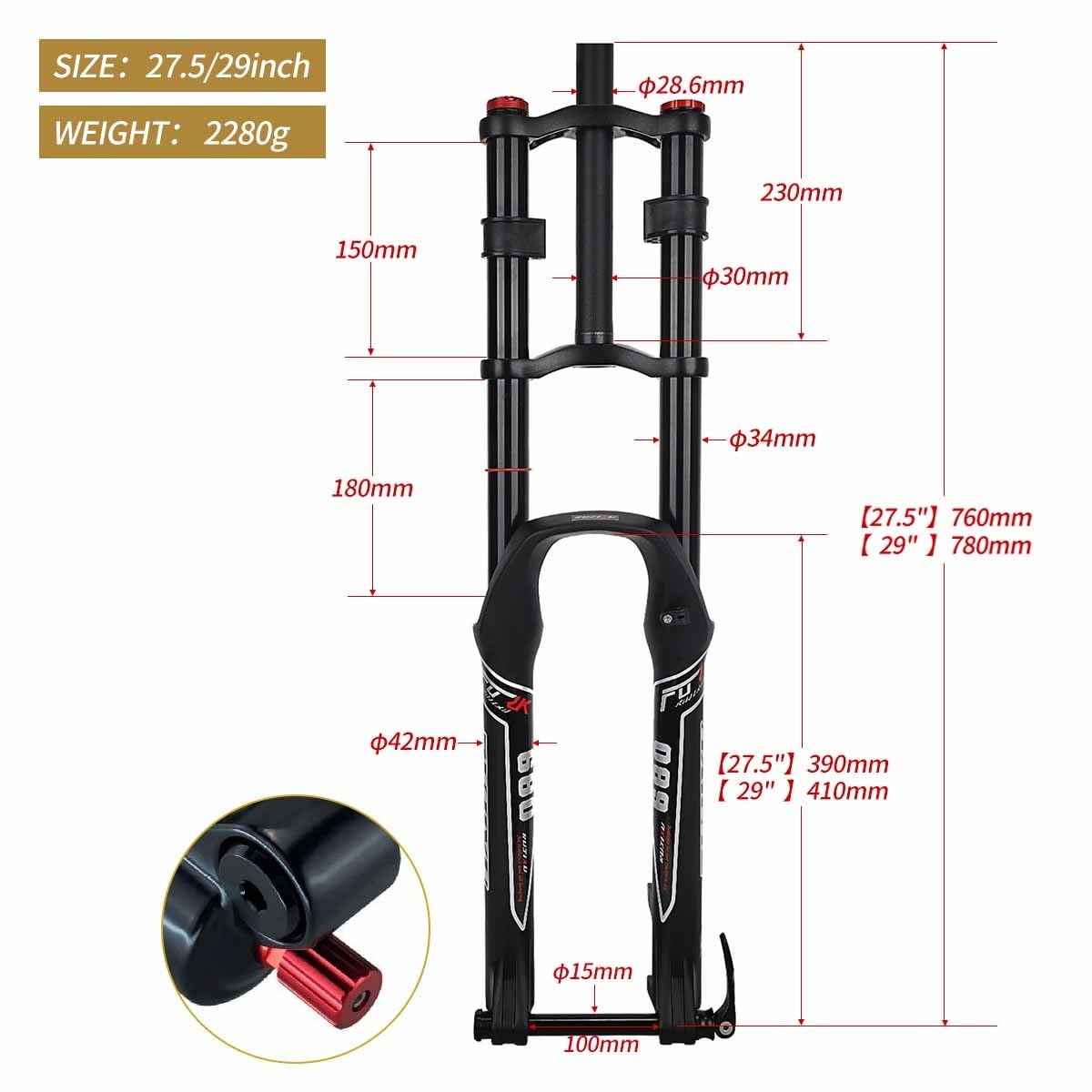 Widelec rowerowy 27,5 29 cali zawieszenie pneumatyczne Double Shoulder Control MTB Downhill widelec amortyzowany DH 28,6 mm rura prosta amortyzator rowerowy 180 mm amortyzator sprężynowy regulowany 15