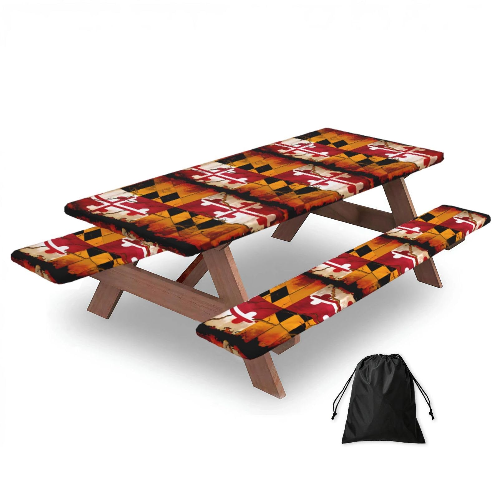Hhbiuuo Black 72In Camping Table Cover & Bench Covers 3-Pack Set, Vintage Wooden Maryland Flag Print Tablecloths, For Rectangle Tables Picnic