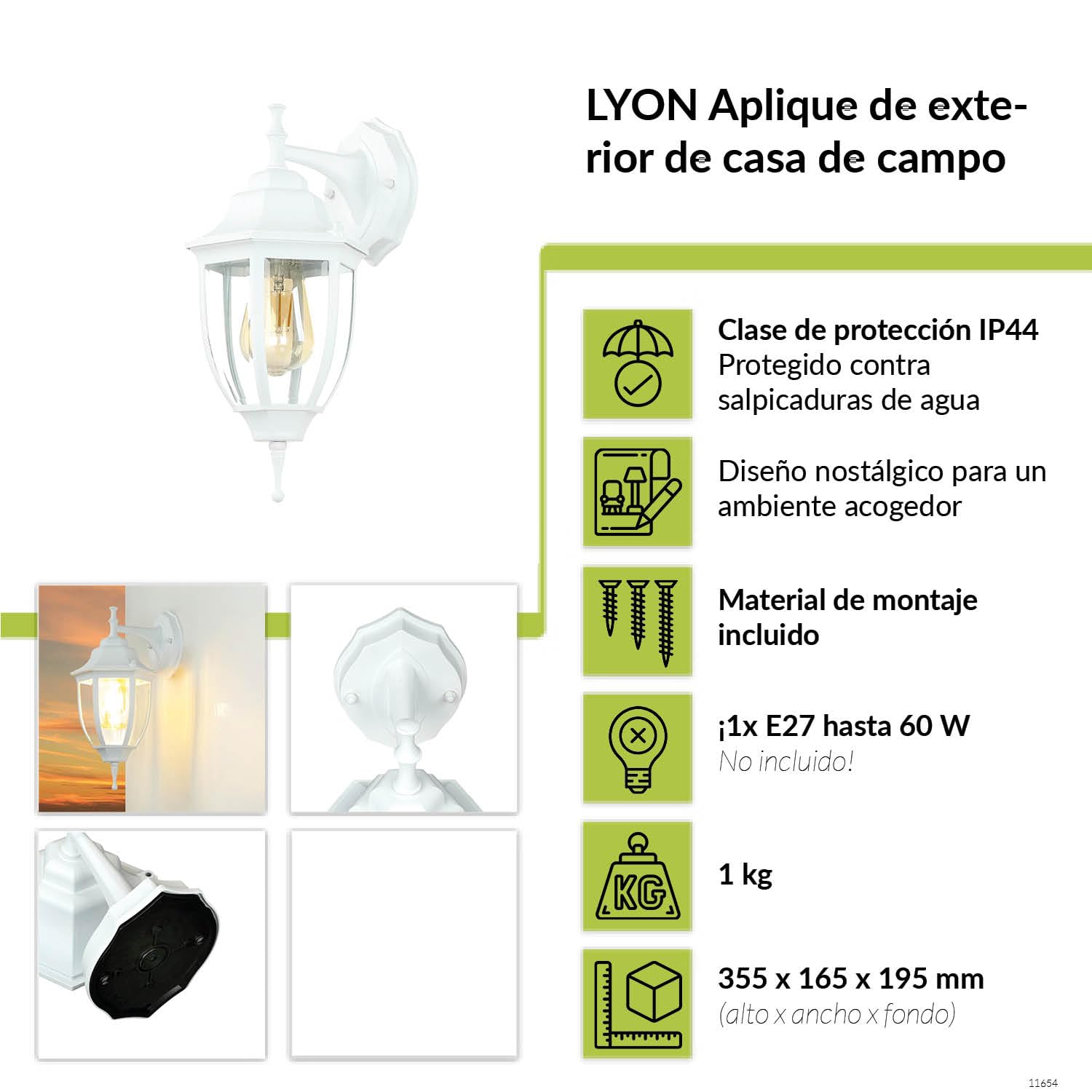 Licht-Erlebnisse Aplique rústico exterior aluminio vidrio blanco E27 IP44 Aplique columna jardín patio terraza lámpara balcón