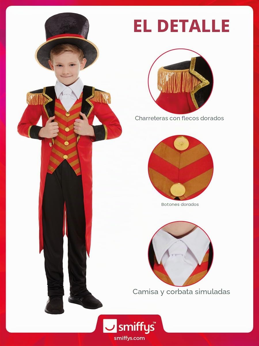 Smiffys Disfraz de maestro de ceremonias de lujo, color rojo con chaqueta, camisa falsa, pantalones y sombrero, disfraz para niños
