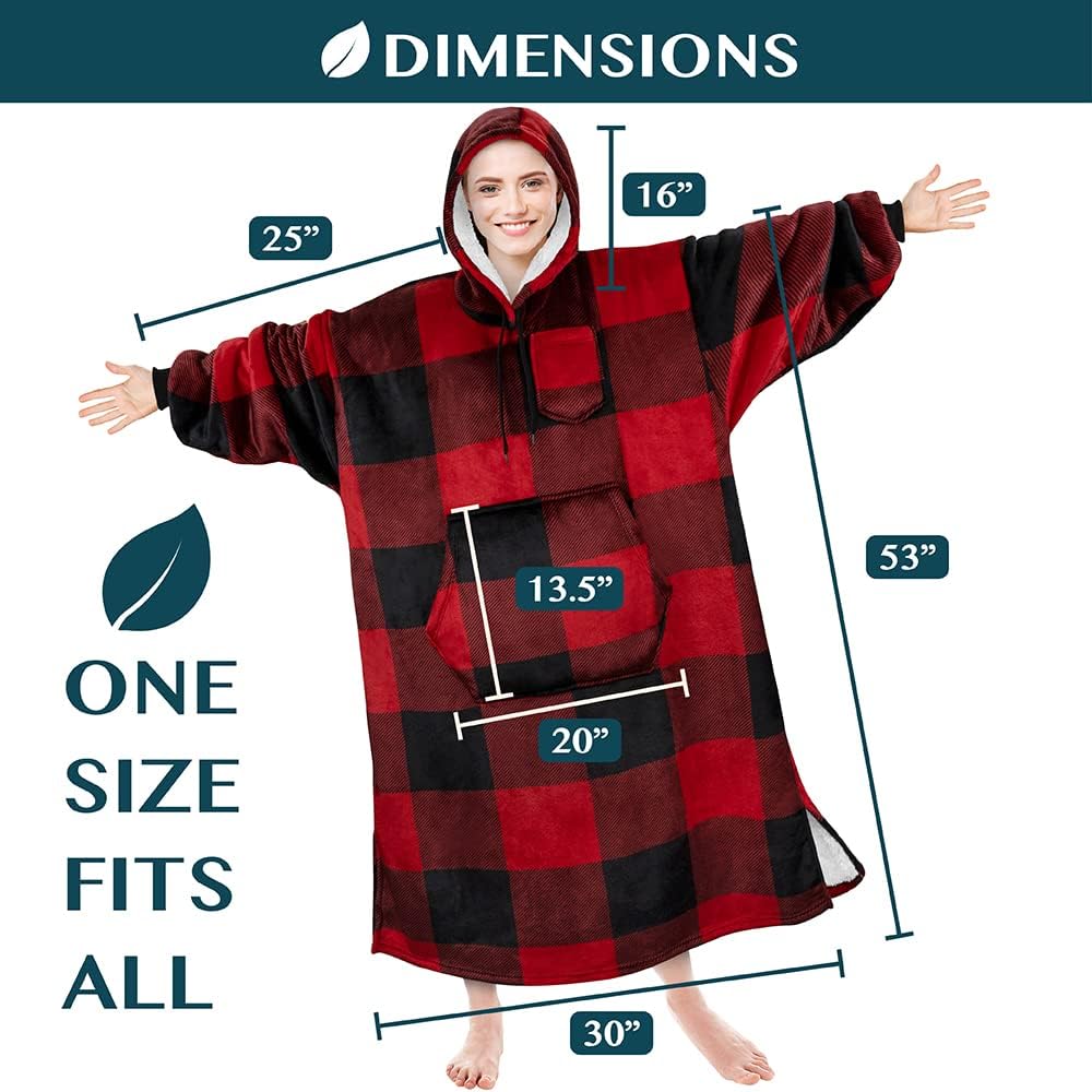 PAVILIA Blanket Hoodie for Women Red, Sherpa Wearable Blanket Men, Cozy Oversized Sweatshirt Blanket, Warm Fleece Hooded Blanket Sweater with Sleeves and Giant Pocket, Adult Long, Plaid Red - Image 7