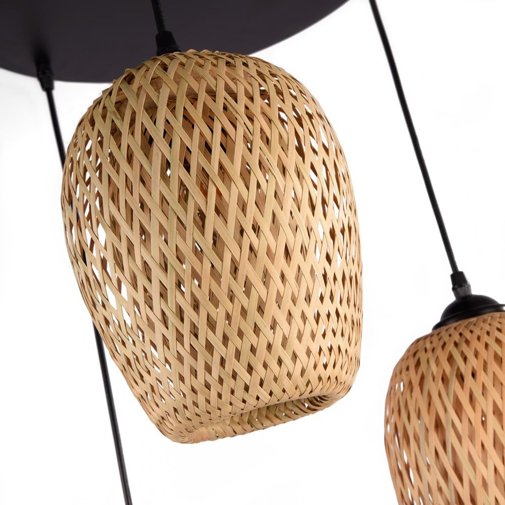 BARCELONA LED Lámpara Colgante Triple de Mimbre y Bambú Natural Base Metálica Negra, Estilo Nórdico y Japonés, 3xE27, Iluminación Cálida para Salón, Comedor o Restaurante