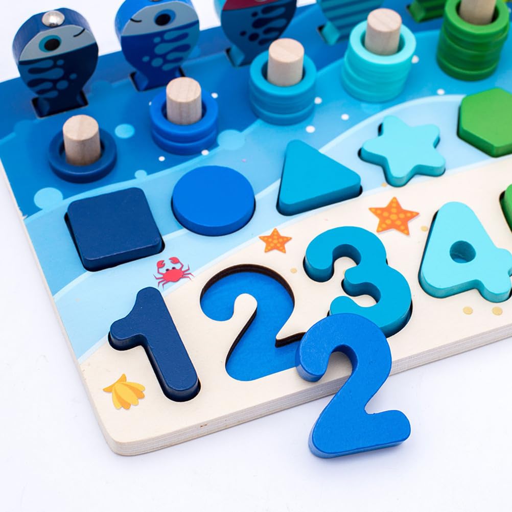 Tabellone Montessori in Legno 5 in 1 per Il conteggio, Gioco di Pesca con Forme di Numeri e Anelli impilabili