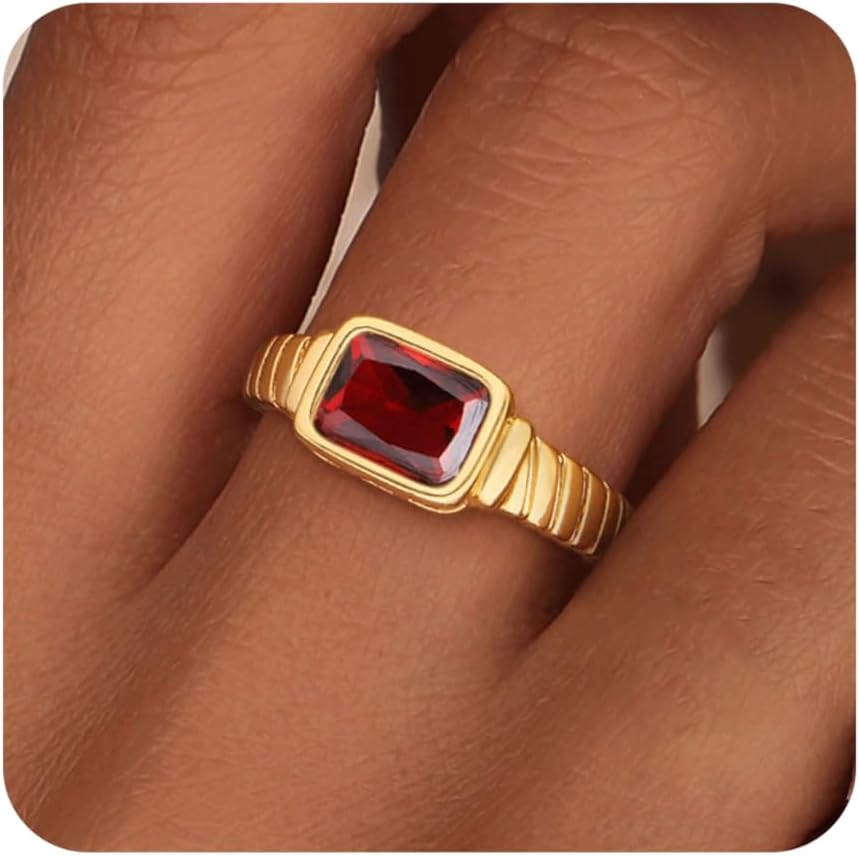 ZHESHY Birthstone Gold Rings for Women Non Tarnish Signet Thumb Chunky Ring | 14K Gold Plated Vintage Gemstone CZ Band Rings Jewelry Gift for Birthday Size 6-11