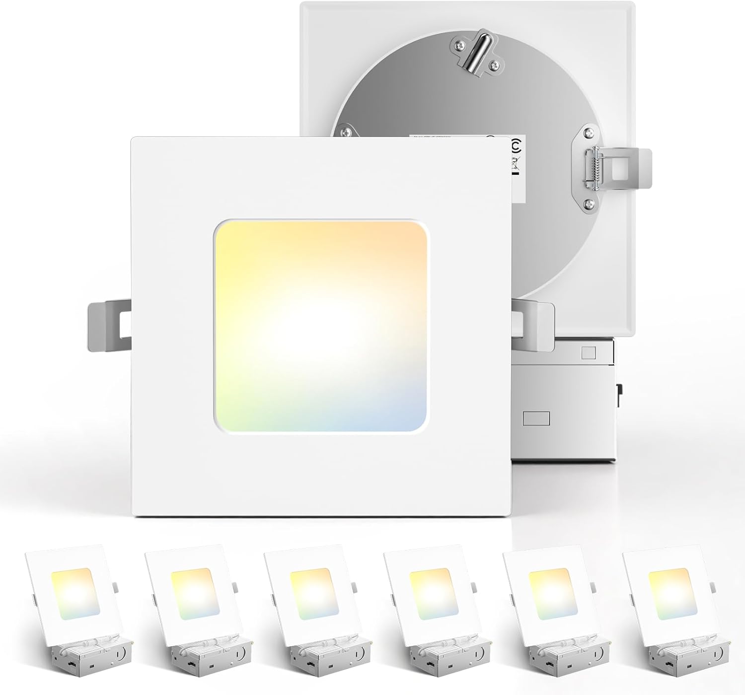 Amico 6 Pack 4 Inch Ultra-Thin LED Square Recessed Light with Junction Box, 5CCT 2700K/3000K/3500K/4000K/5000K Selectable, 10W 700LM Brightness, Dimmable Canless Wafer Downlight, ETL&FCC