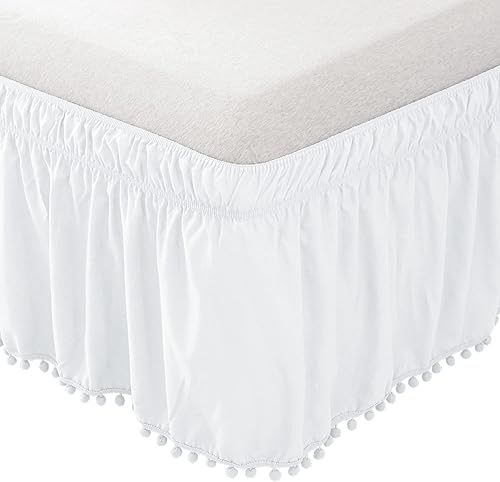 Elegant Comfort 1 falda de cama Ella Collection con pompones, 16 pulgadas de caída, calidad egipcia de 1500 hilos, elástico envolvente para una