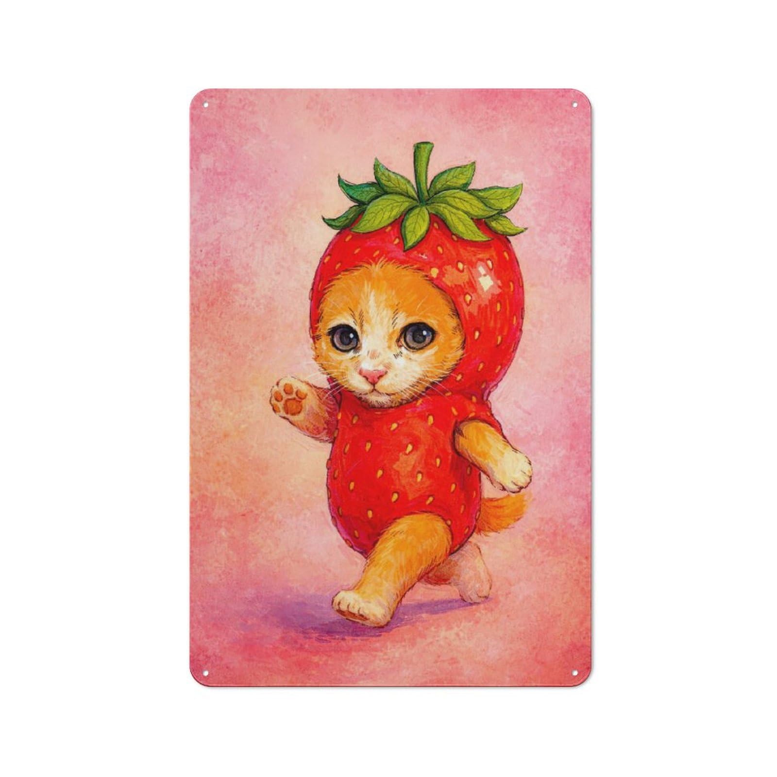 Junmoney Style-19 Metal Wall Sign 30X20cm Featuring Kitten In Strawberry Costume For Pub Or Café, Housewarming Wall Decor For People Furnishing Pub And Café
