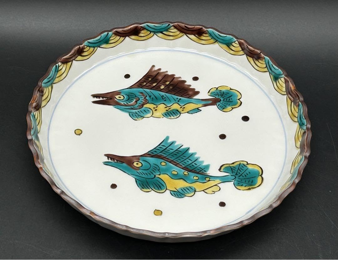 陶器九谷焼5枚組皿魯山人写し色絵双魚文山下紫布共箱付き