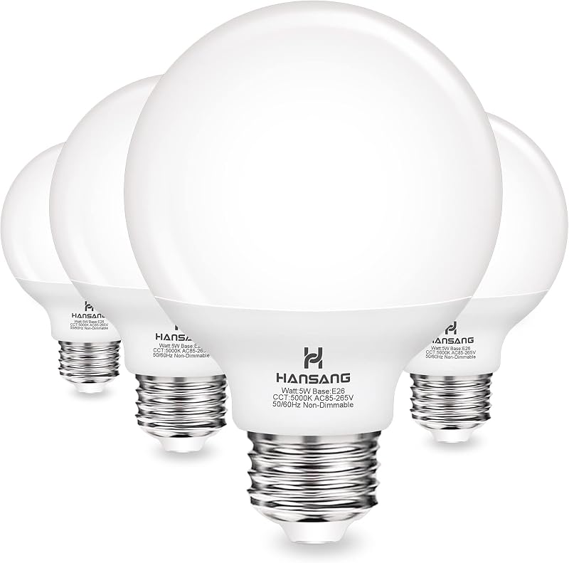 Bombillas LED G25, equivalente a 60 W, luz diurna de 5000 K, base E26, redondas de tocador respetuosas con los ojos, perfectas para espejo de maquillaje, 120 V CRI85+ no regulables, paquete de 4