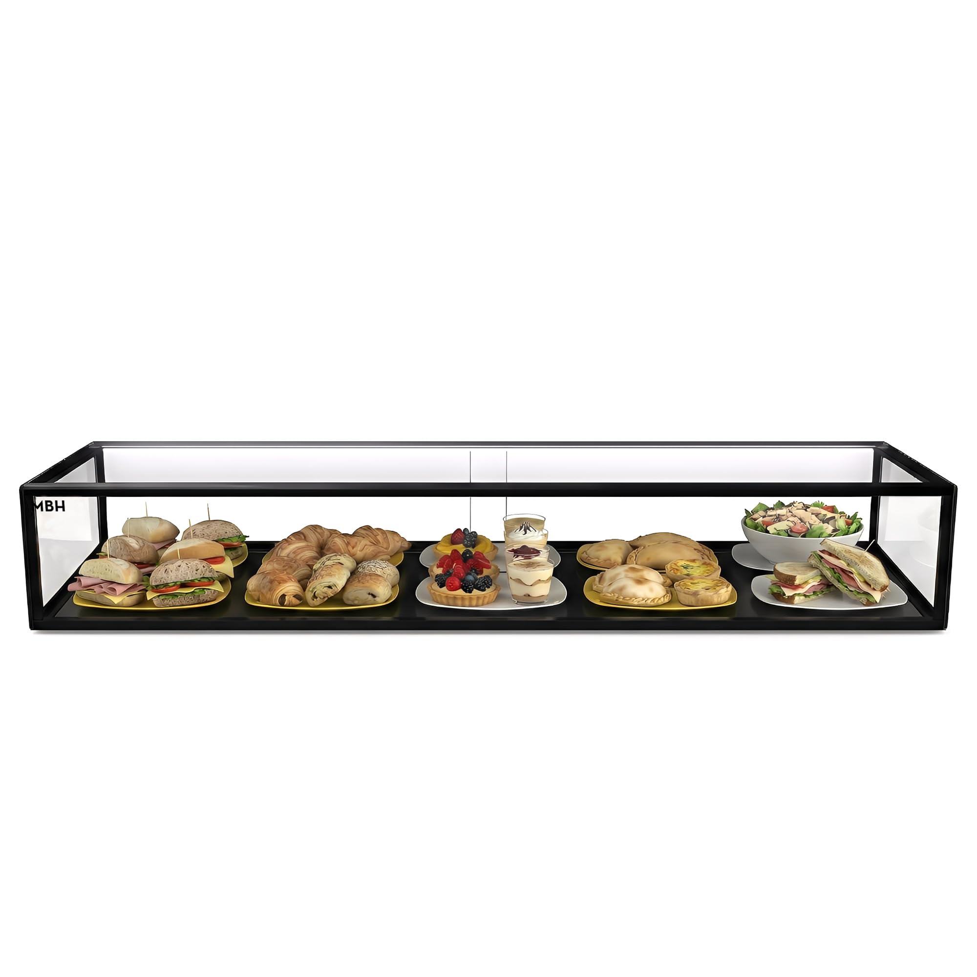 MBH - Vitrina Expositora Neutra de Sobremostrador 120x33 cm, Cristal Recto Templado, 1 Piso, con Iluminación LED, Puertas Traseras Correderas, para Bar, Cafetería, Restaurante, Bollería y Repostería.