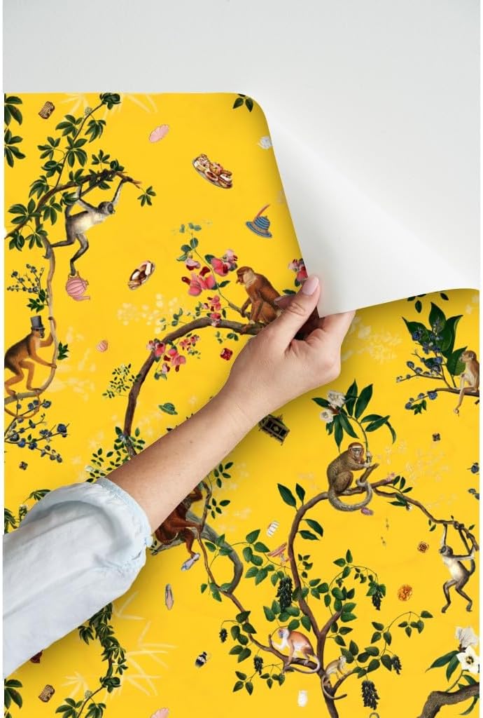 Peel & Stick Wallpaper Swatch - Yellow Gold Chinoiserie Maximalist Monkey World Tree Plant Jungle Custom Removable Wallpaper by Spoonflower