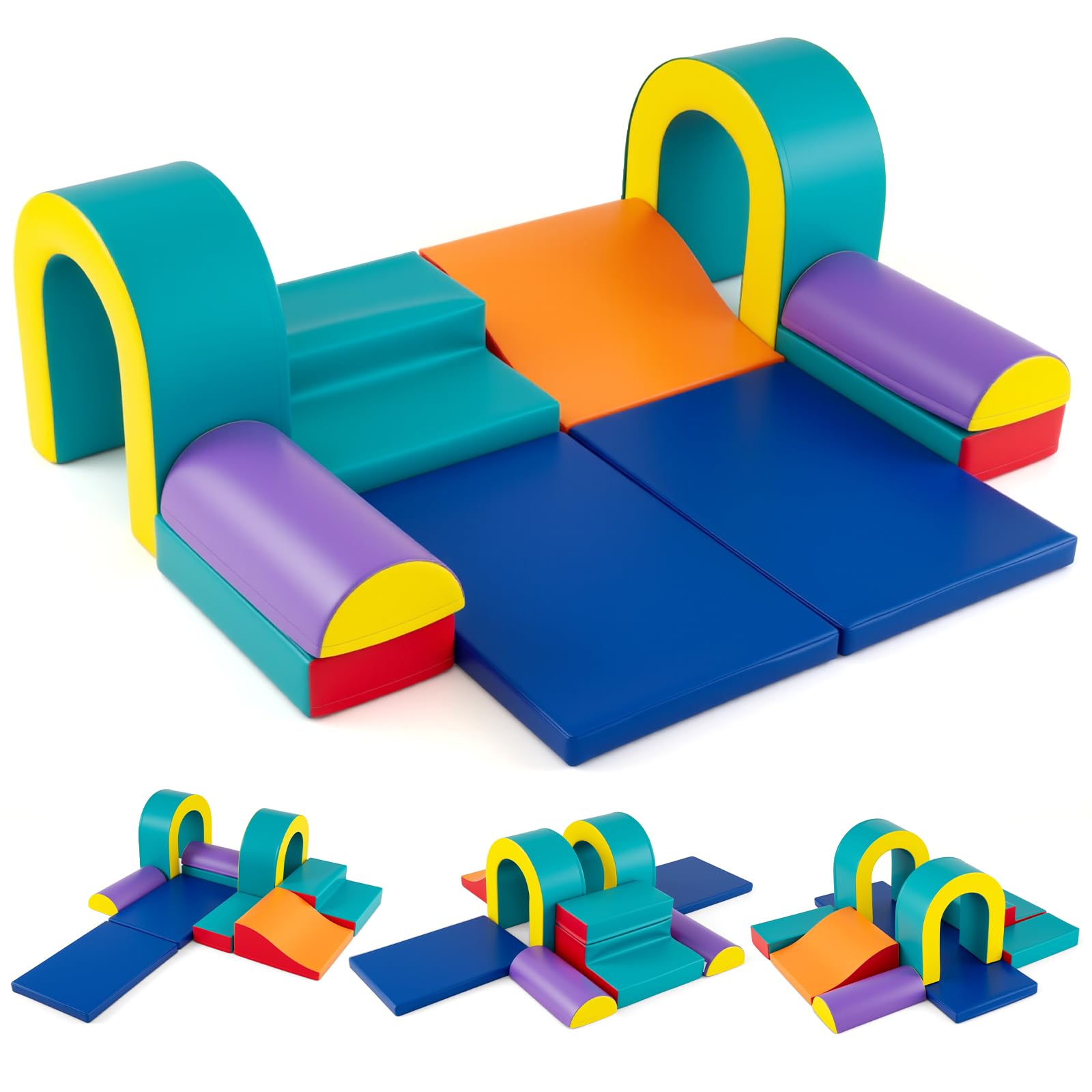 COSTWAY Kids Soft Play Set, 10 Pieces Baby Foam Climbing Blocks with Waterproof PU Leather, Indoor Toddler Climb and Crawl Activity Playset for Sensory Motor Skills (Navy Blue)