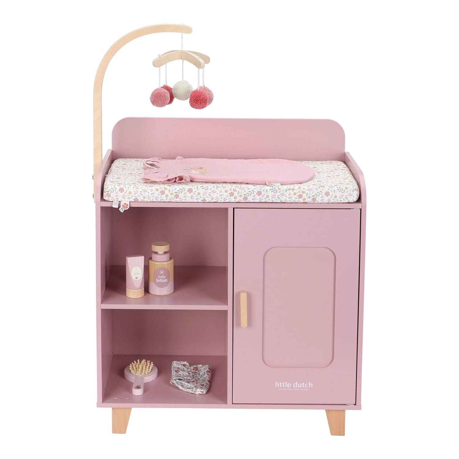 Little Dutch Puppen-Wickeltisch Wickelkommode mit Mobile und viel Zubehör für Babypuppe Puppe - rosa
