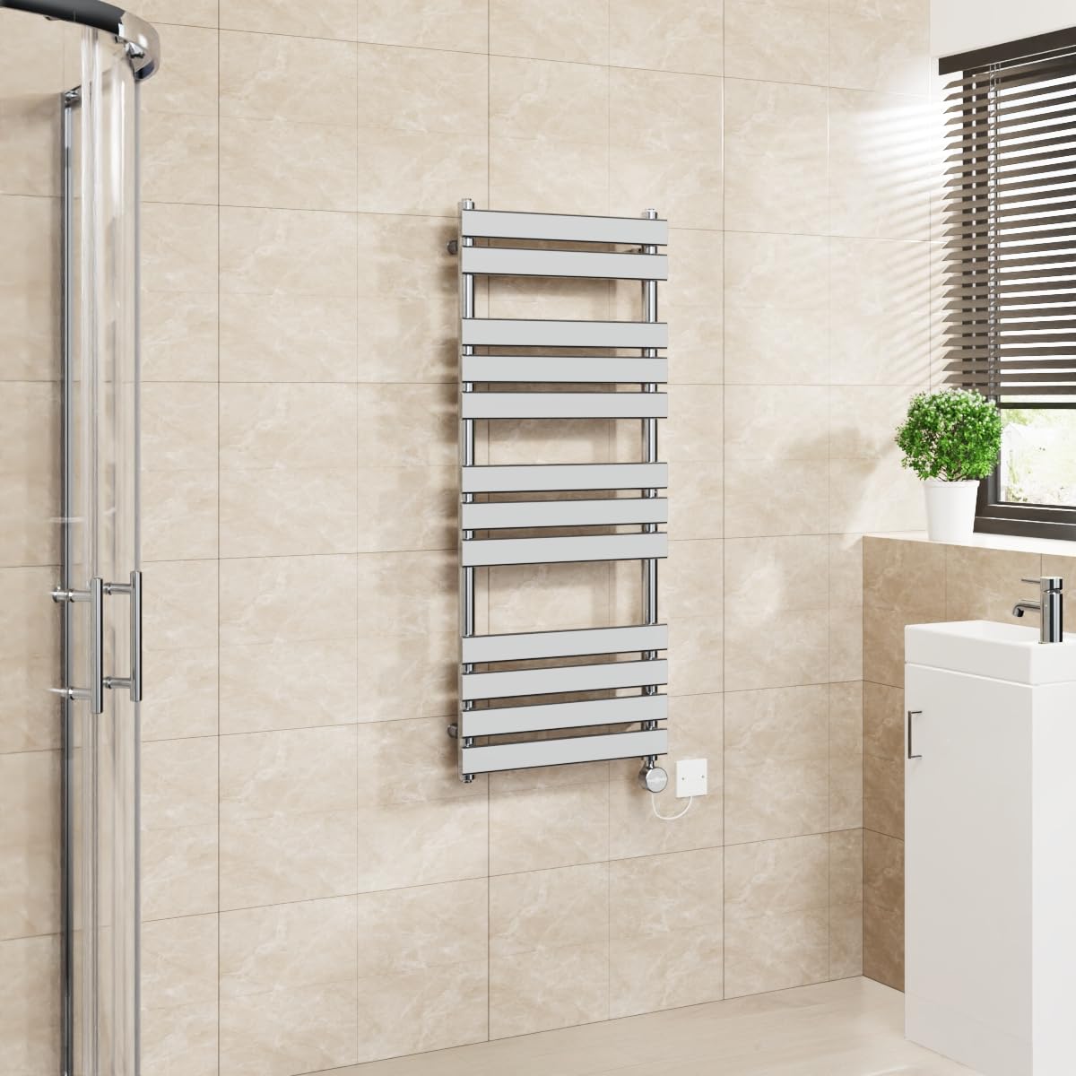 Warmehaus Chrome Flat Panel Electric Heated Towel Rail Touch Screen Timer Bathroom Radiator Prefilled 1200X500mm 600W