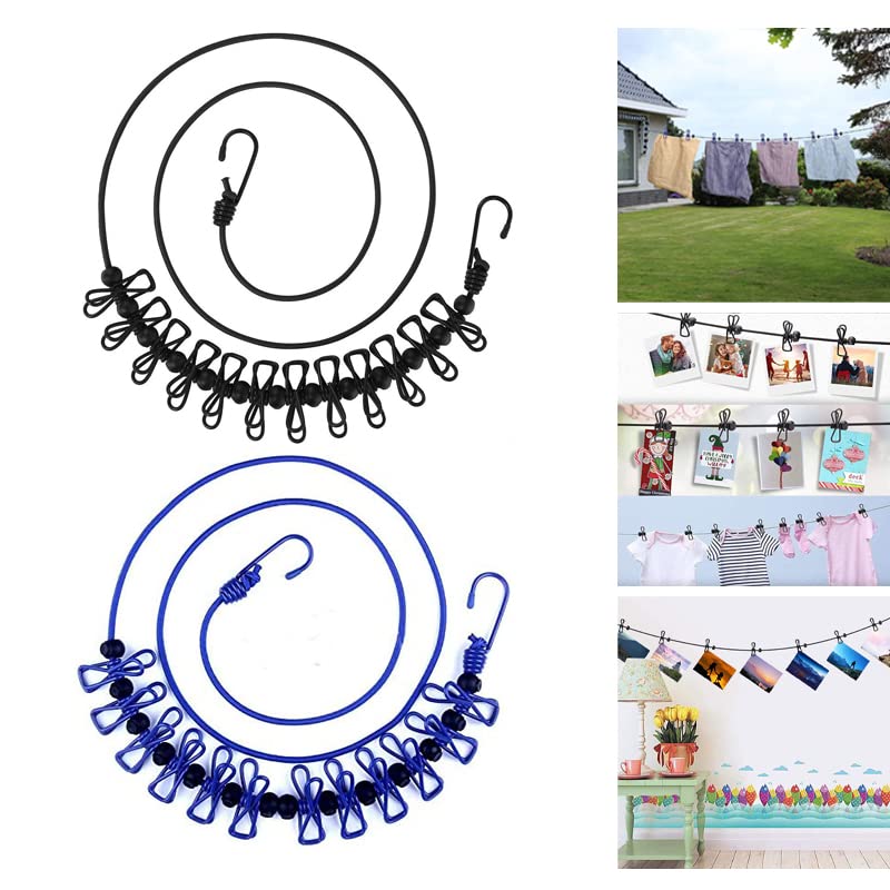 2 Pack Portable Clothesline with 12 Clothespins, Windproof Travel Retractable Elastic Laundry Drying Clothes Line for Balcony, Backyard, Outdoor, Camping, Vacation, Hotel