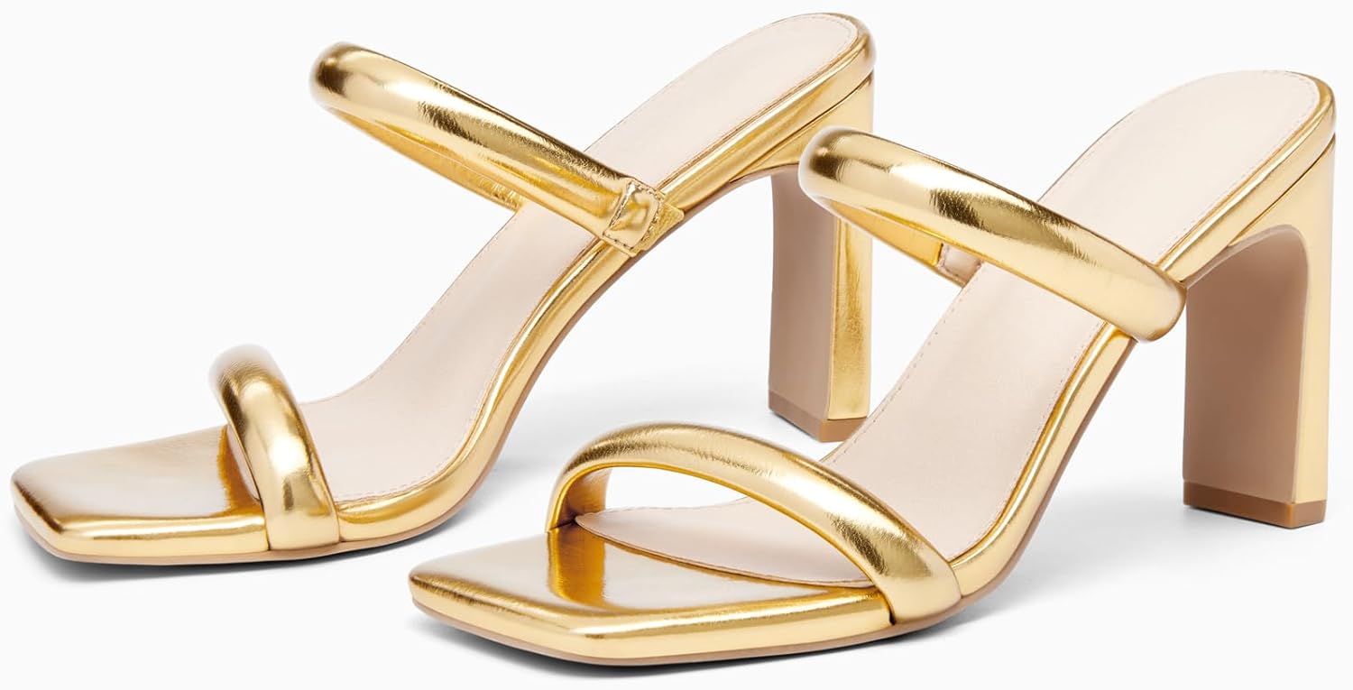 Coutgo Womens Square Open Toe Heeled Sandals Two Strap High Heel Backless Dress Slip On Mules - Image 3