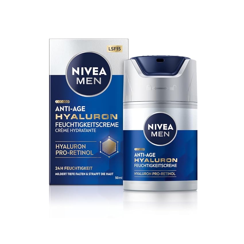 NIVEA MEN Crema idratante ialuronico anti-età, cura del viso con acido ialuronico, pro-retinolo e SPF 15, crema viso per 24 ore di umidità e rughe visibili (50 ml)