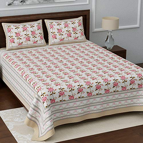 Image of LIVING ROOTS Pure Cotton 180 TC King Size 1 Piece Double Bedsheet with 2 Pillow Covers | King Size 8 feet x 8 feet (Pink Roses)