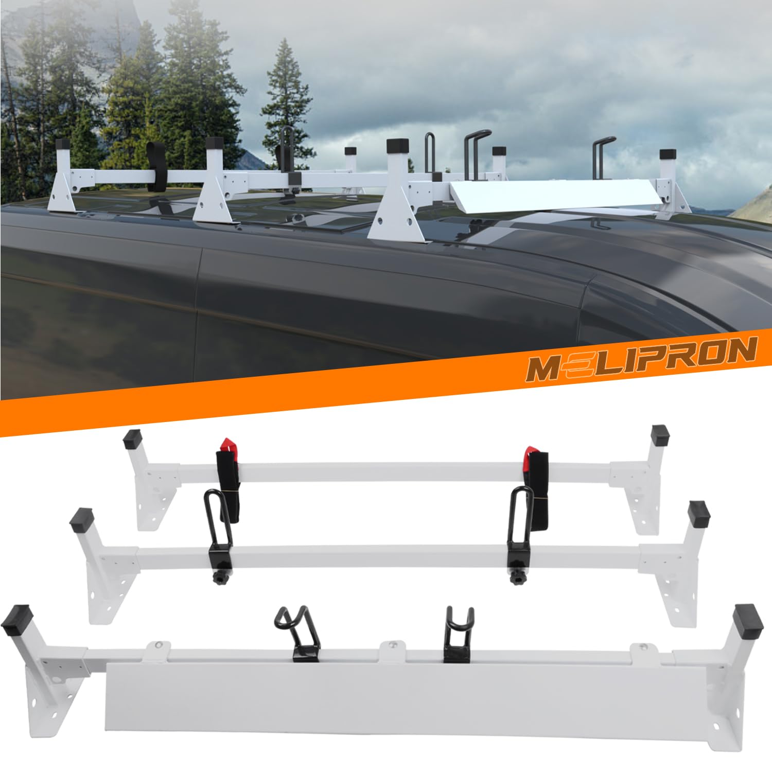 MELIPRON Ladder Rack Fit for Ford Transit 150 250 350 Cargo Van Roof Rack with Wind Deflector