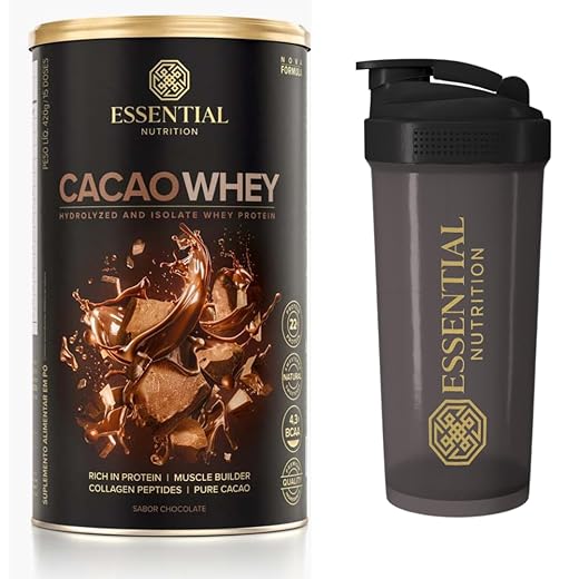 Combo Cacao Whey isolado e hidrolisado - 15 doses - Essential Nutrition + Coqueteleira oficial