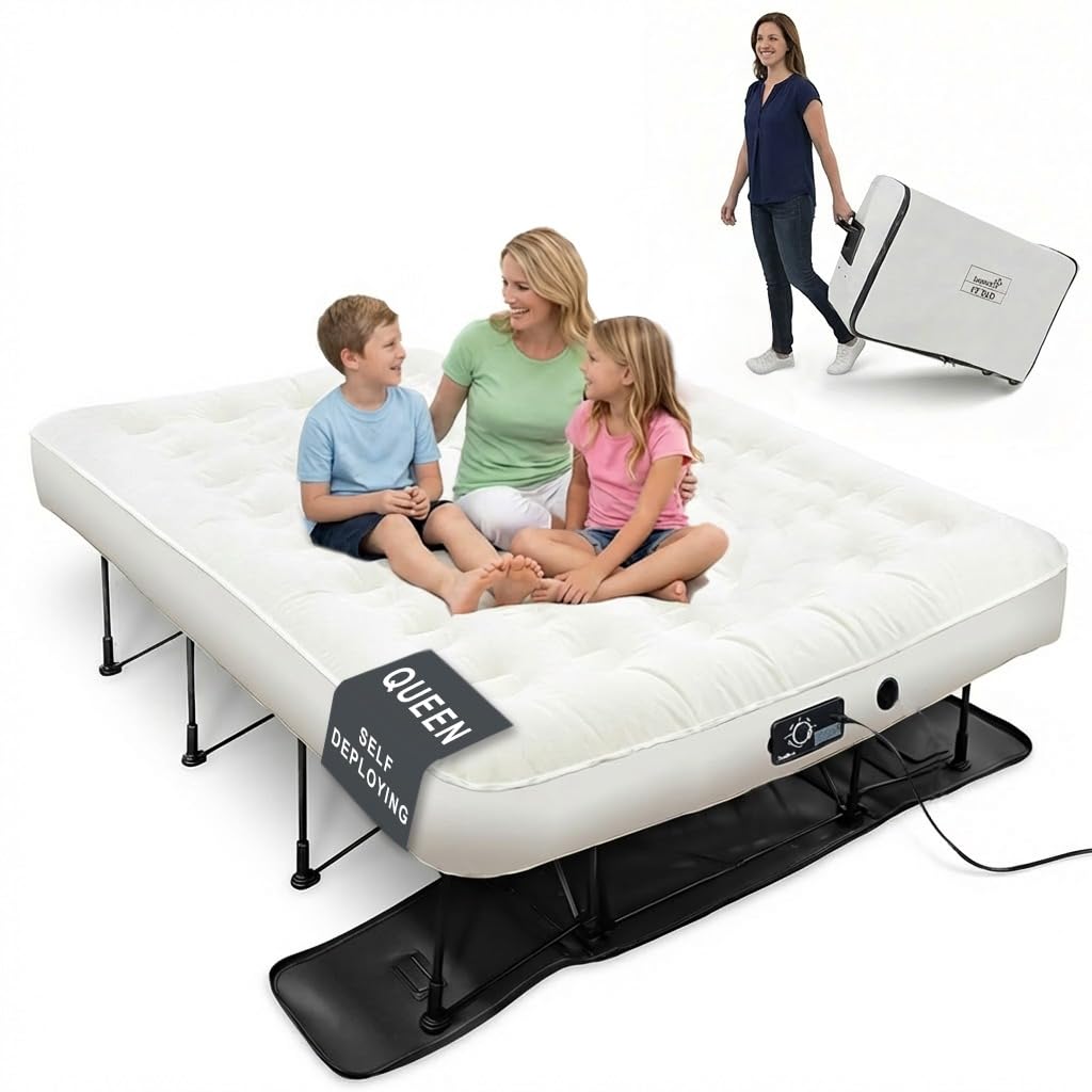 Ivation EZ®-Bed (Queen) Inflatable Air Mattress with Frame & Built-in Pump - 3 Min Self Inflate/Deflate - Raised Blow up Bed with Legs, Auto Shut Off, Premium Coil Design, Wheeled Portable Case