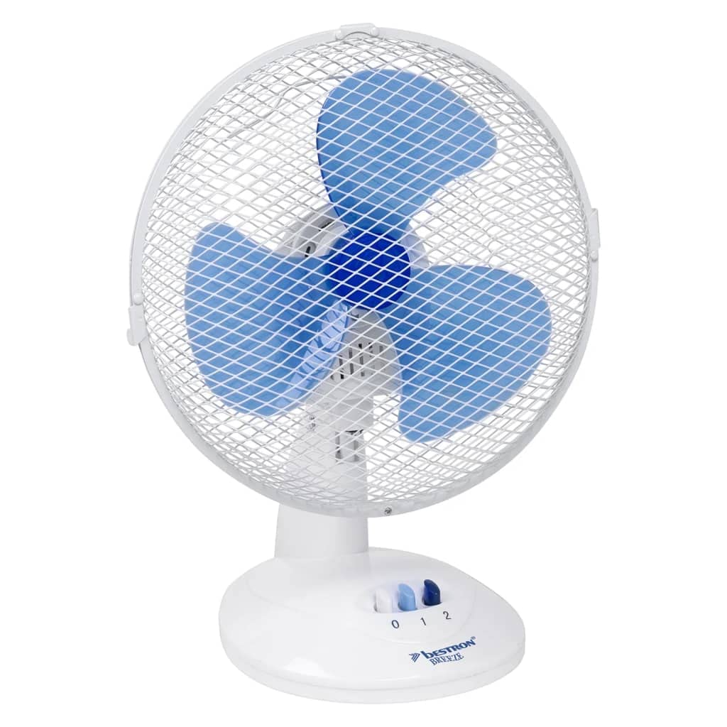 Bestron Przenośny wentylator stołowy Ø 27 cm, mały wentylator, 2 stopnie prędkości i funkcja oscylacji 75°, wysokość: 29 cm, 30 W, DDF27W, kolor: biały