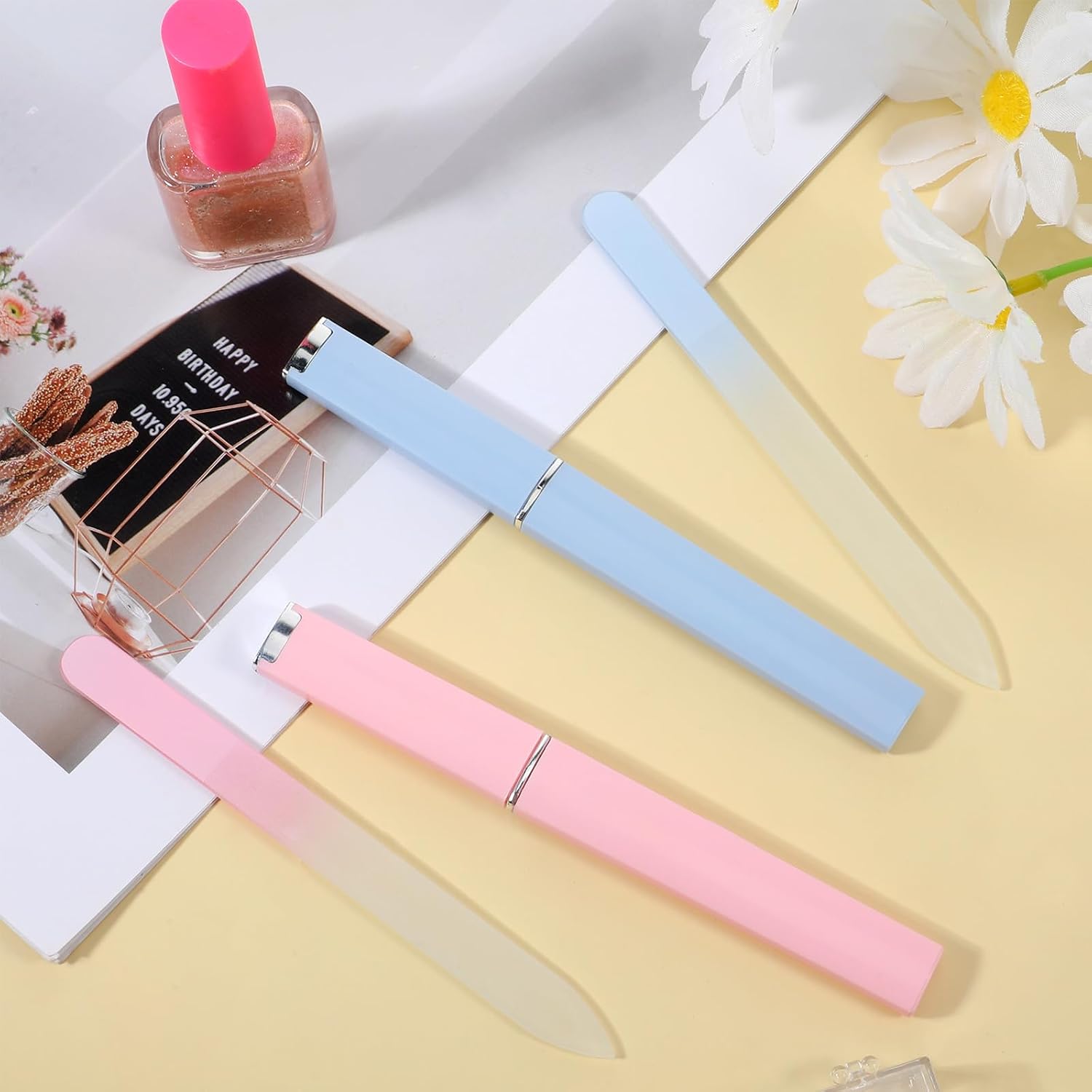 2 Pack Glass Nail Files for Natural Nails, Crystal Nail File with Case, Double Sided Glass Files for Nails (Pink+Blue)