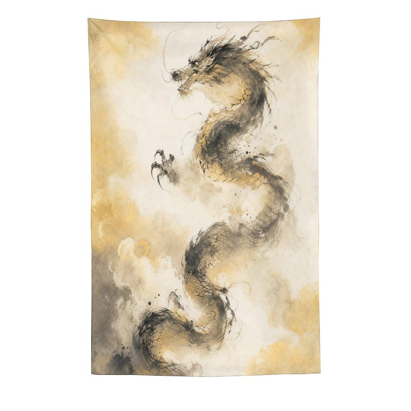 W7C8U2X3 Ink Dragon with Small Bird Wall Tapestry, Asian Ink Style, Office