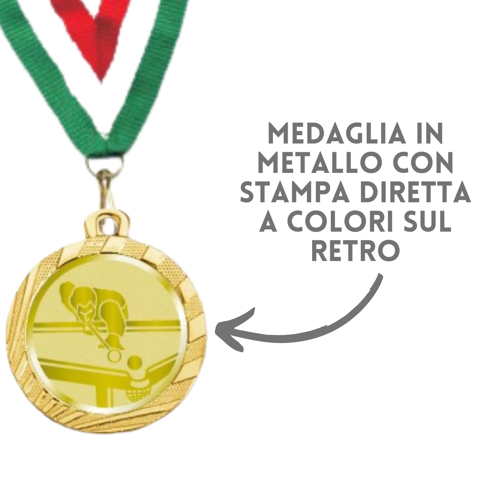 Stock Medaglie Personalizzate Premiazioni Biliardo da 3,2 cm con Laccetto Medaglia Personalizzabili in Metallo con Stampa Personalizzata, Sport | 23.00.32.R