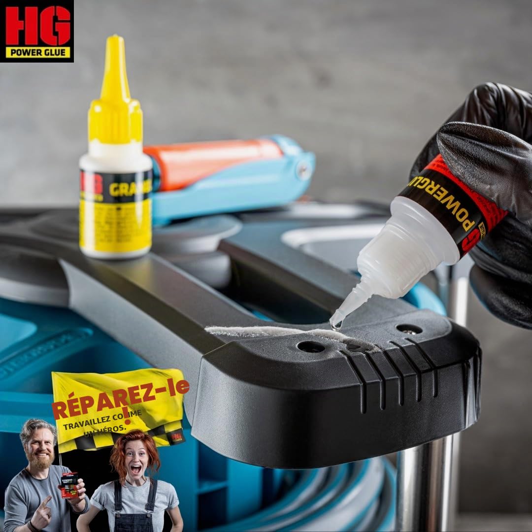 HG POWER GLUE REGULAR super glue extra forte - colle pour plastique caoutchouc pierre céramique verre bois - résistant à l'eau, à la chaleur et à séchage rapide 2x20g colle + 3x40g granulés