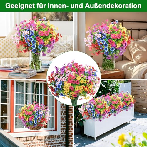 BlueCloudy 18 Bündel Künstliche Blumen für Draußen, Kunstblumen Balkon Dekoration Künstlich Balkonpflanzen Plastikblumen Outdoor Indoor für Zuhause Garten Tisch Terrasse Deko, Gemischt