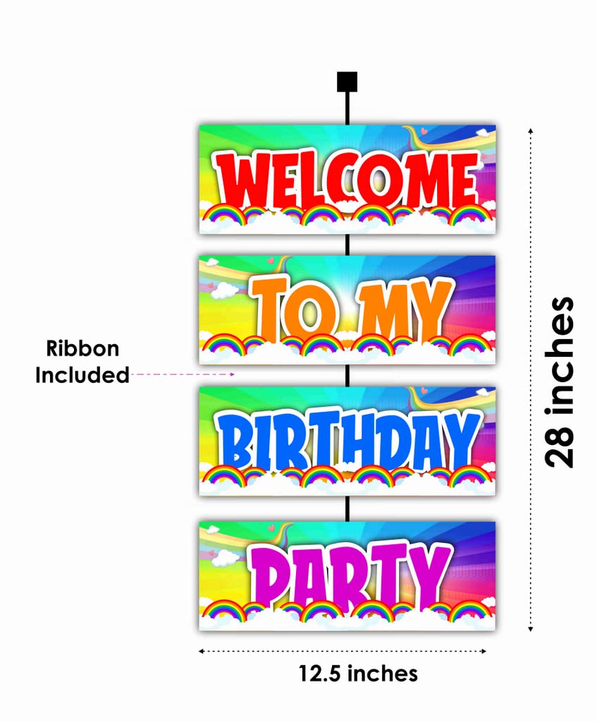 Balloonistics Rainbow Theme Happy Birthday Welcome Board - Vibrant Cardstock Door Sign for Indoor & Outdoor Party Decor - 2.3 Feet Large Birthday Backdrop, Includes Hanging Ribbons (Welcome Outdoor Board)