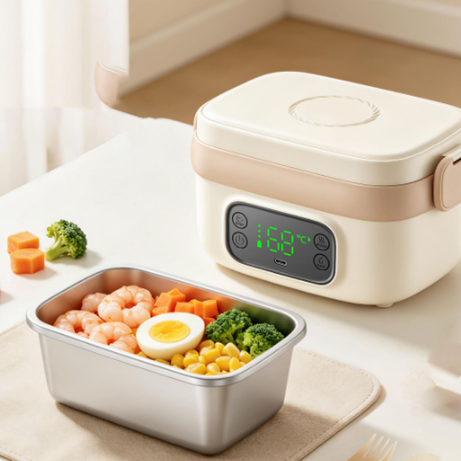 Pssopp Portapranzo Riscaldato, Scaldavivande Elettrico Alimentato a Batteria Ricaricabile Senza Fili in Acciaio Inossidabile 304 Portatile per Auto da Ufficio Riscaldamento Veloce e (Piccola)