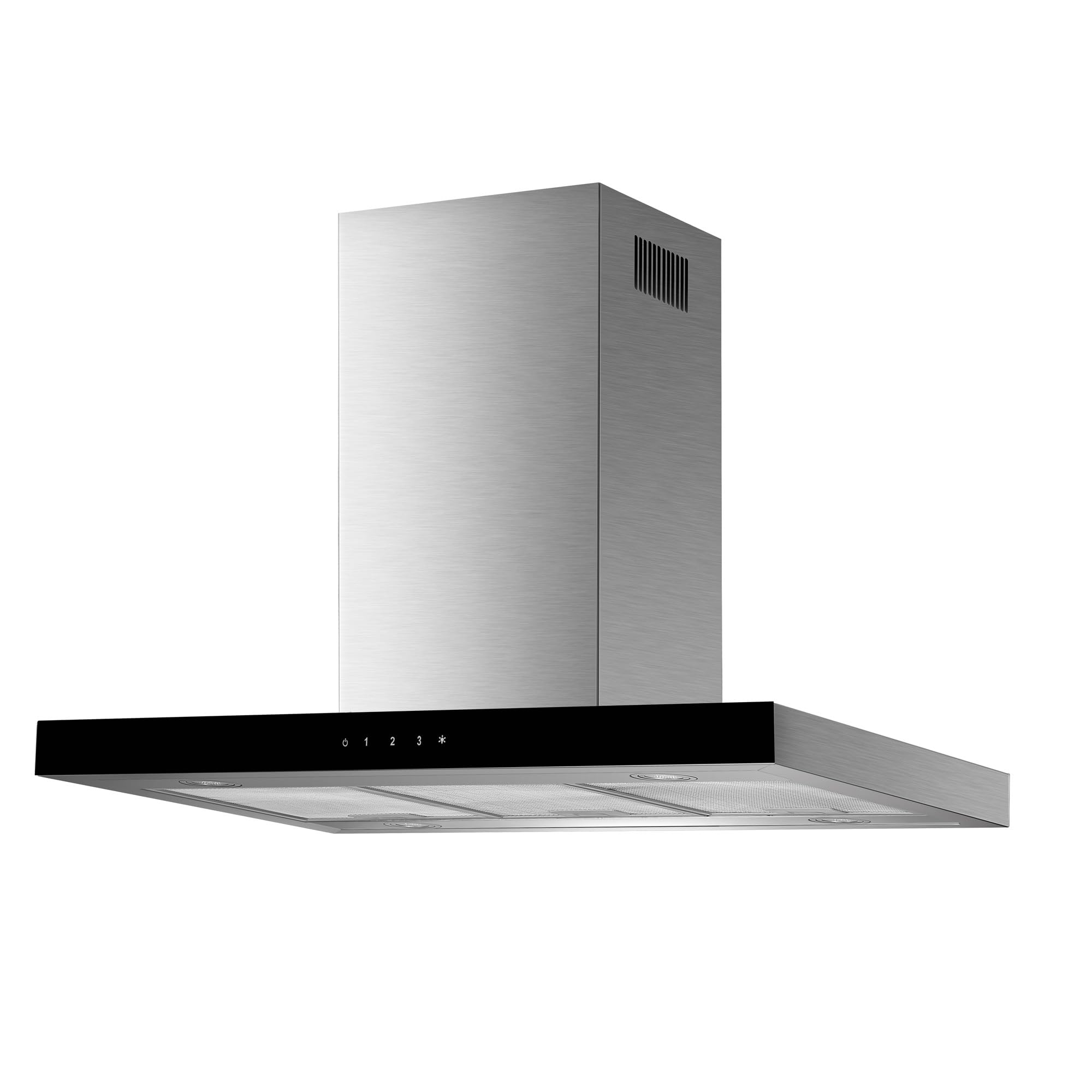 Respekta Cappa Aspirante, Cappa a Isola 90 cm, Struttura in acciaio inox con paralume in vetro Nero, Funzione di scarico e ricircolo d'aria, CH44099GISAM, A, 58–73 dB