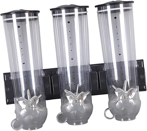 Miniatura 8 de Dispensador de cereales, dispensadores de dulces de tres cámaras con 3 tazas, dispensador de alimentos secos montado en la pared, dispensador de