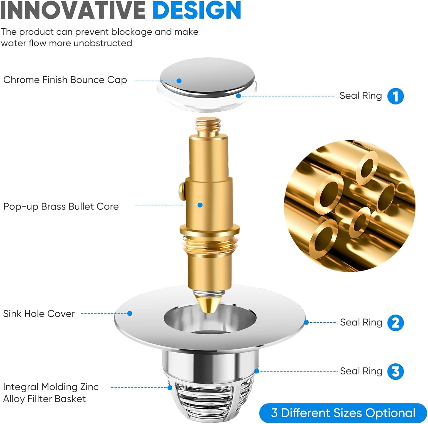 2 Tappi Universali Per Lavandino - Pop Up, Per Fori Da 32-40 Mm, Acciaio Inox, Per Bagno E Cucina - Foto 4