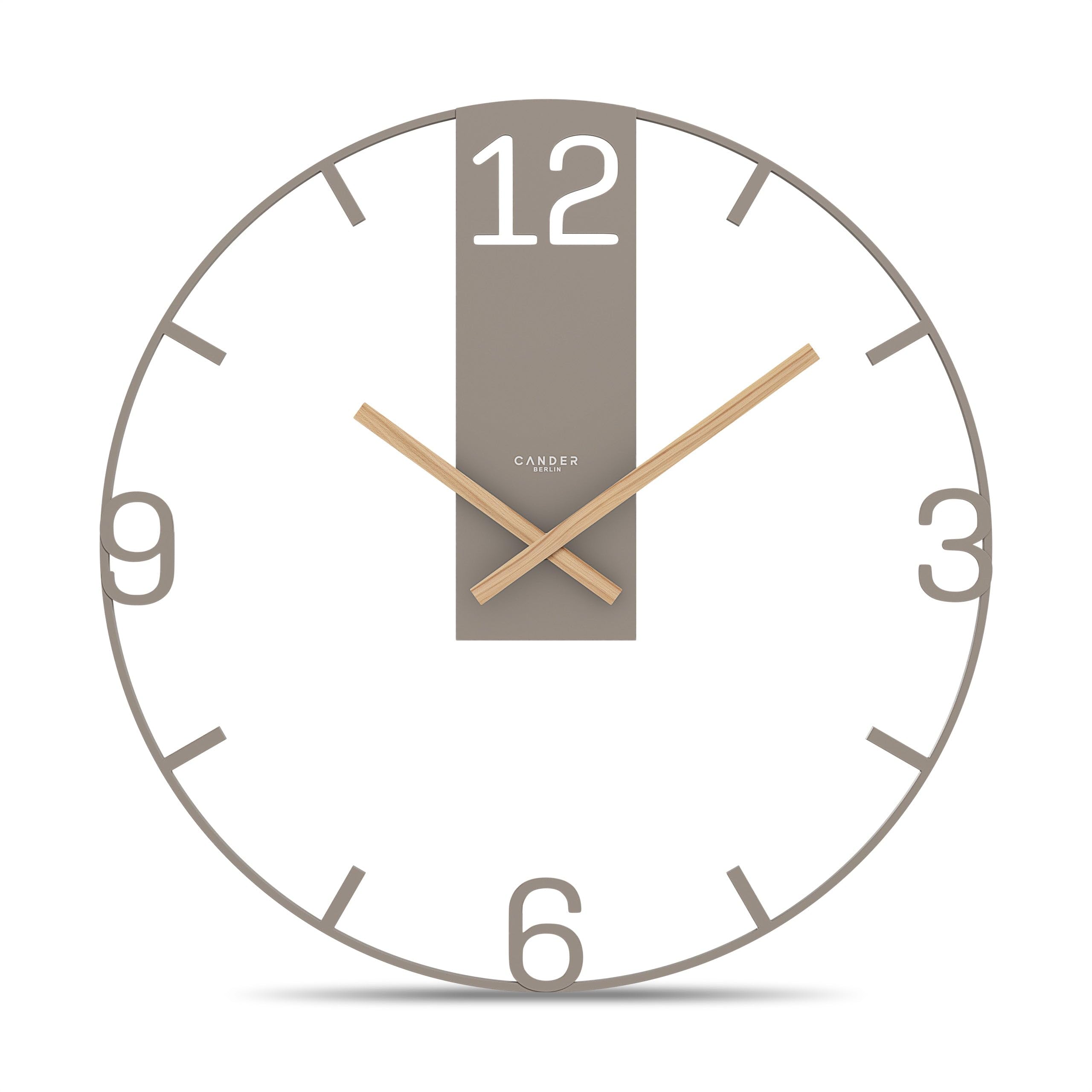 Cander Berlin BIONA XXL Wanduhr lautlos 50 cm Metall Holzzeiger ohne Tickgeräusche groß modern warmgrau Wohnzimmer Küche Vintage