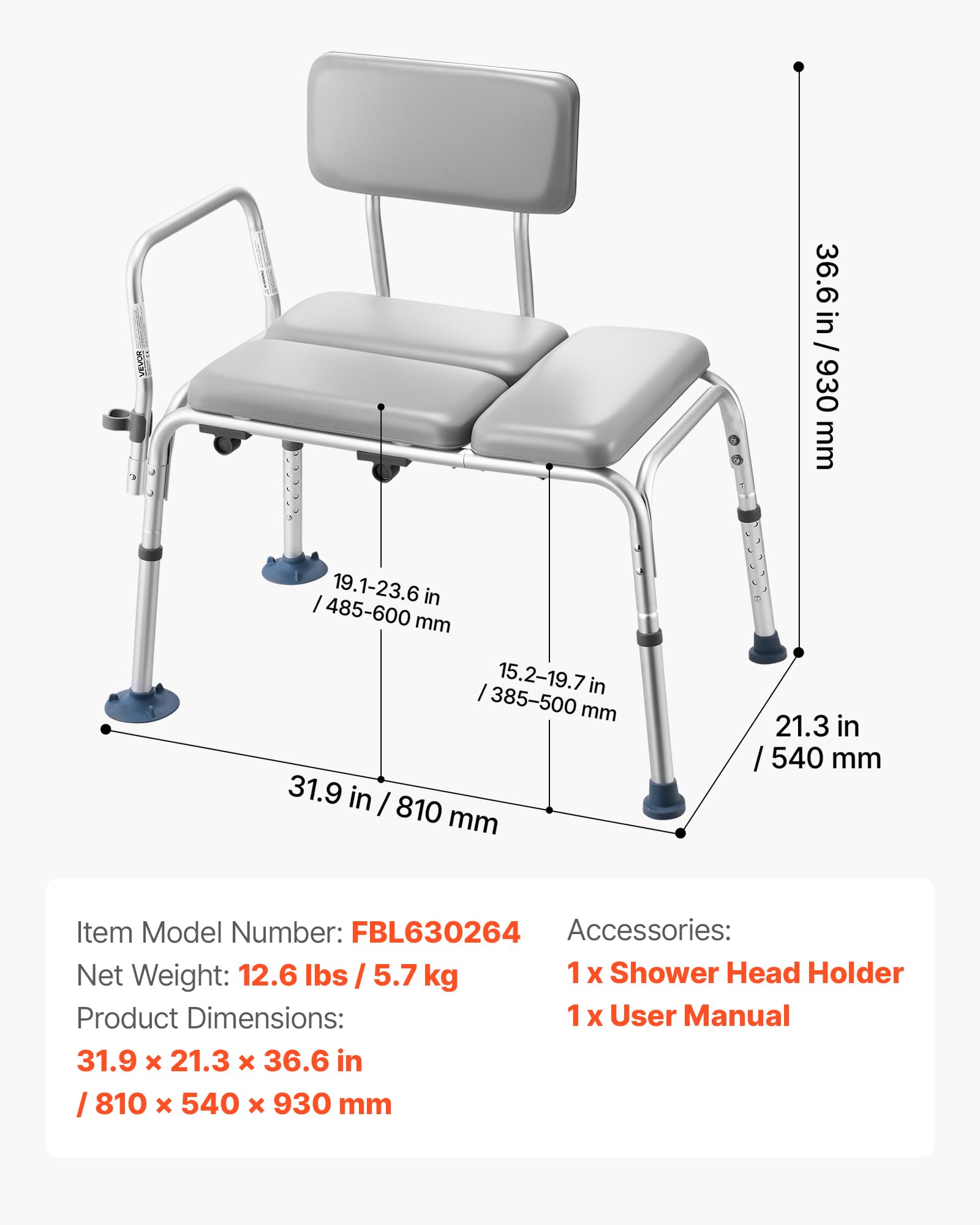 VEVOR Silla para Bañera con Brazo y Respaldo, Asiento de Bañera Capacidad de 227 kg, Altura Ajustable de 385 a 500 mm, Silla de Ducha para Adultos, Personas Mayores, Personas con Discapacidad