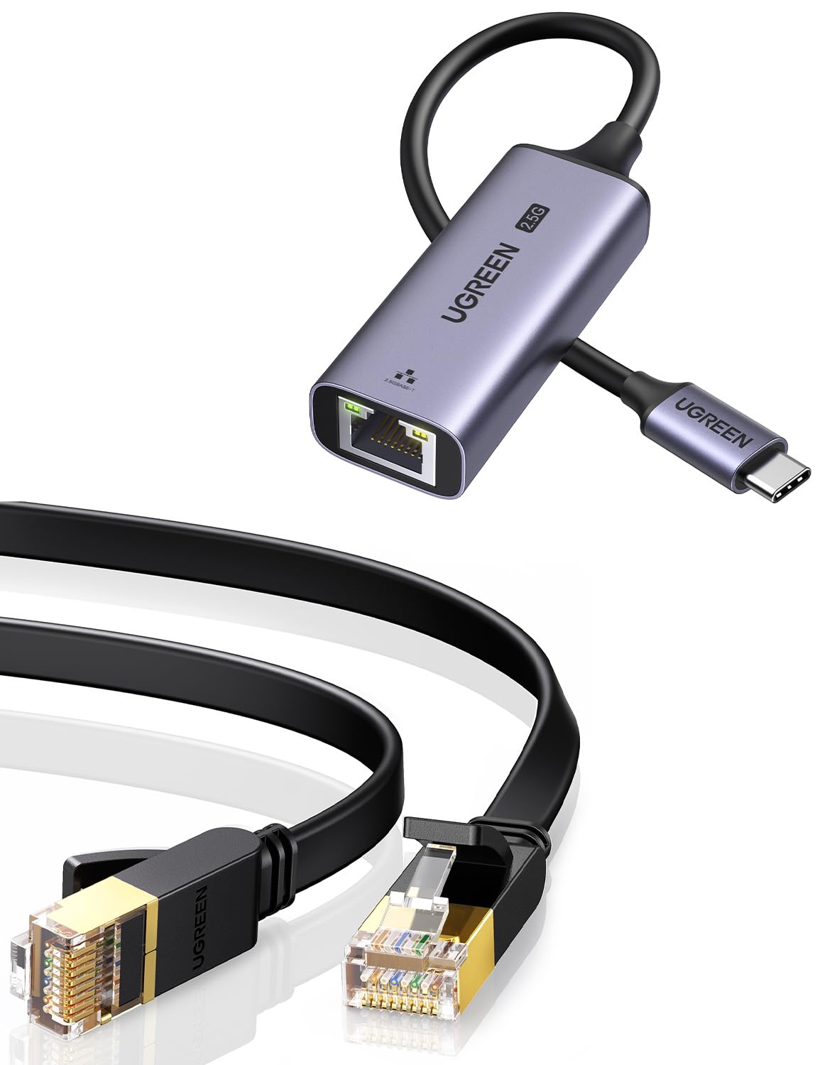 UGREEN Cat 7 Ethernet Cable Cat7 High Speed Flat Gigabit RJ45 LAN Cable Bundle with USB C to Ethernet Adapter 2.5G Compatible for MacBook Air/Pro, XPS, iPhone 15/Plus/Pro/Max