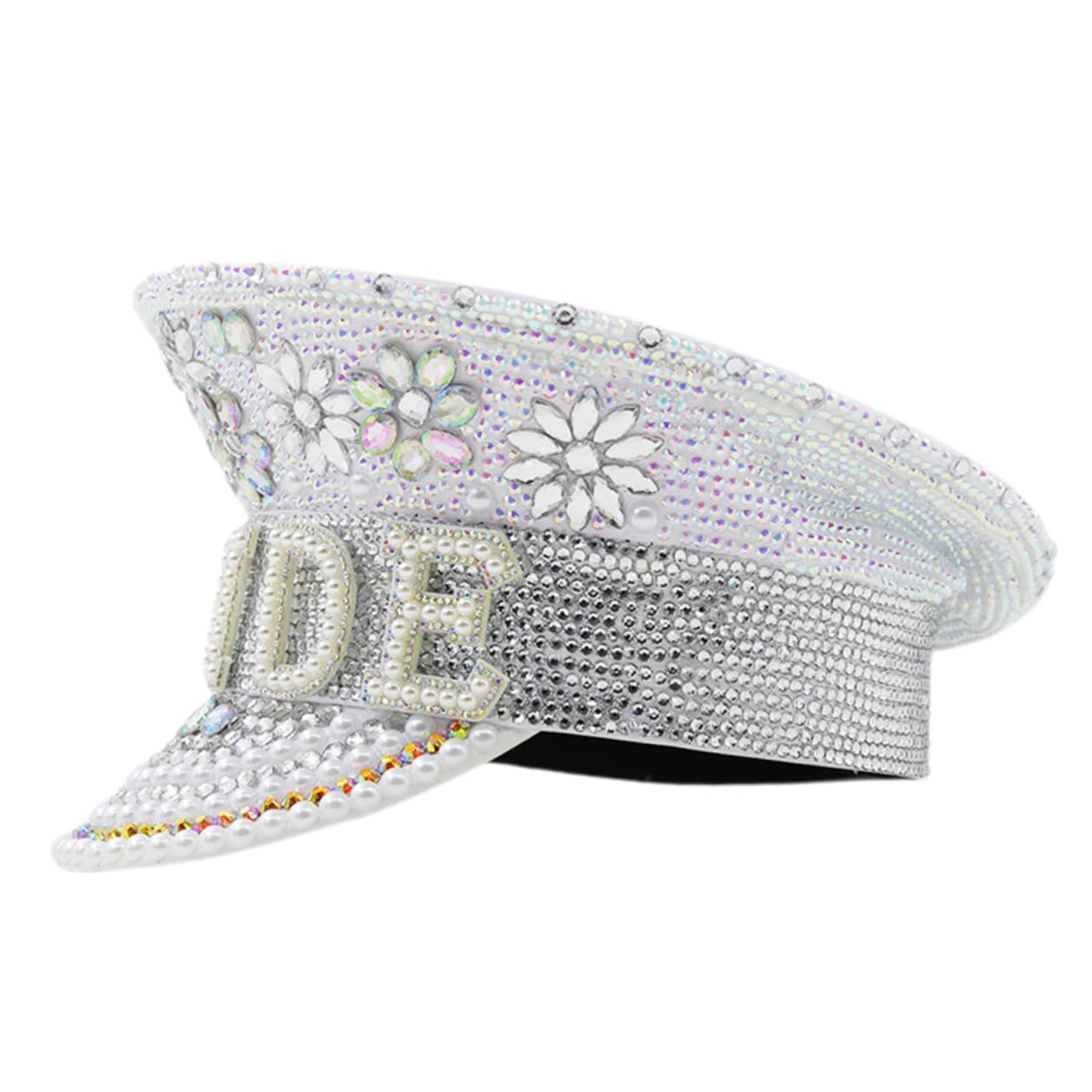 Housoutil Sombrero para Novia en Color Claro con Gemas de Imitación, Estilo Capitán, Talla Ajustable, Adecuado para Despedidas de Soltera y Fiestas de Boda, Accesorio Brillante y Elegante