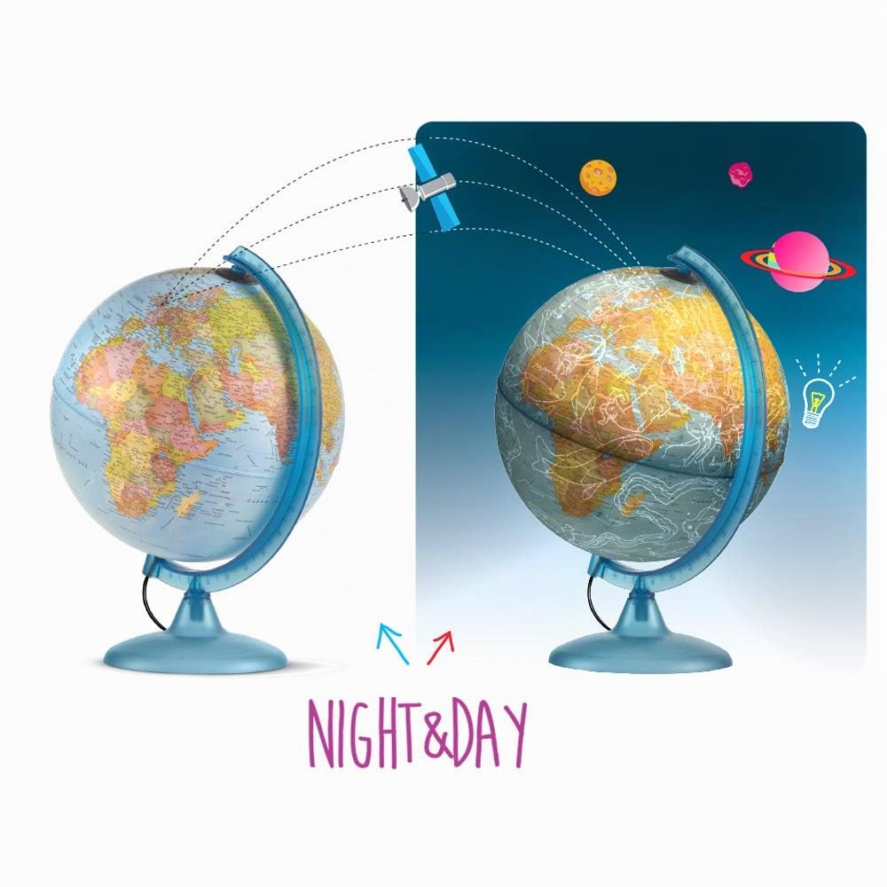 Tecnodidattica - Globo terráqueo Night&Day para niños y adolescentes - Doble efecto de cartografía política y constelaciones - Luminoso y giratorio - Meridiano graduado - Textos en italiano - Diámetro 25 cm
