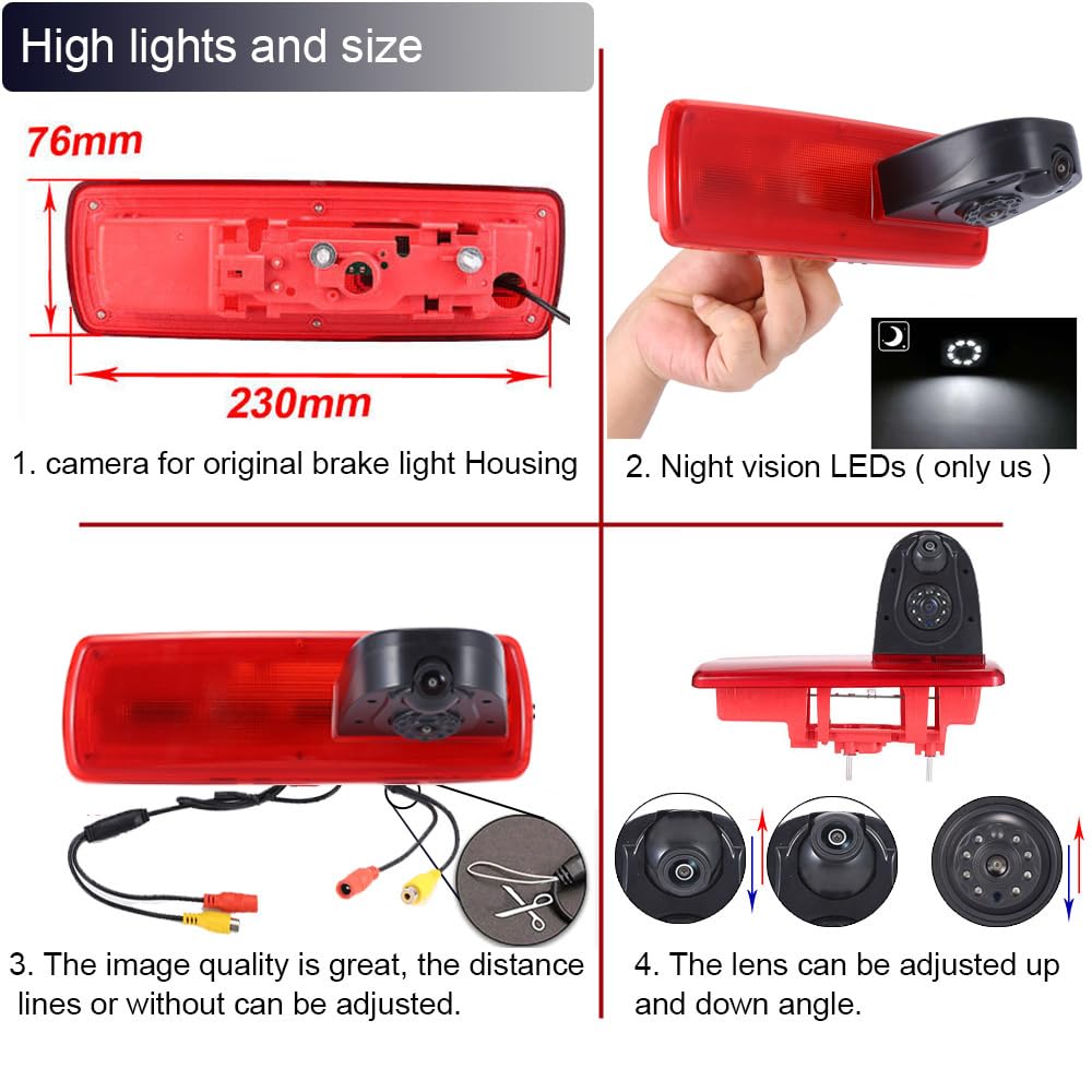 HD IP68 1280Pixels - Luz de freno doble para cámara de marcha atrás, con ángulo ajustable, repuesto para Fiat Talento/Opel Vauxhall Vivaro/Renault Trafic/Nissan NV300 (cámara de visión trasera +