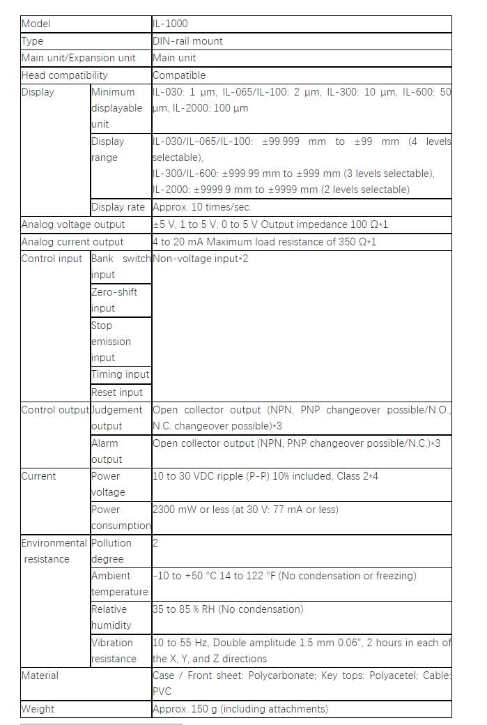 Detailed specifications table for KEYENCE IL-1000 Laser Amplifier