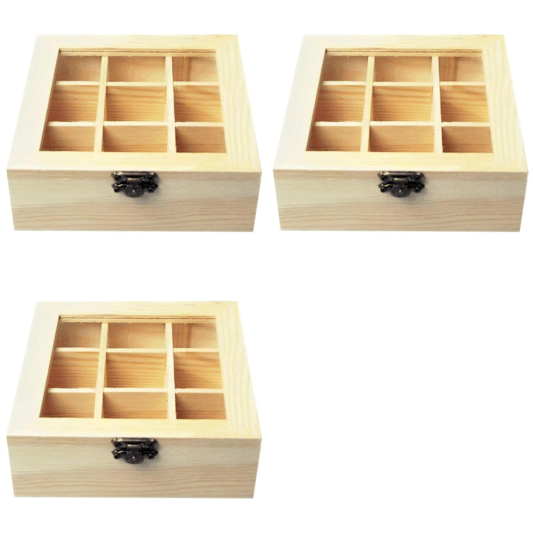 Aundhegrtt 3X Tea Storage Box with 9 Compartments, Transparent Glass Top, Multifunctional Box That Can Store Various Tea Bags