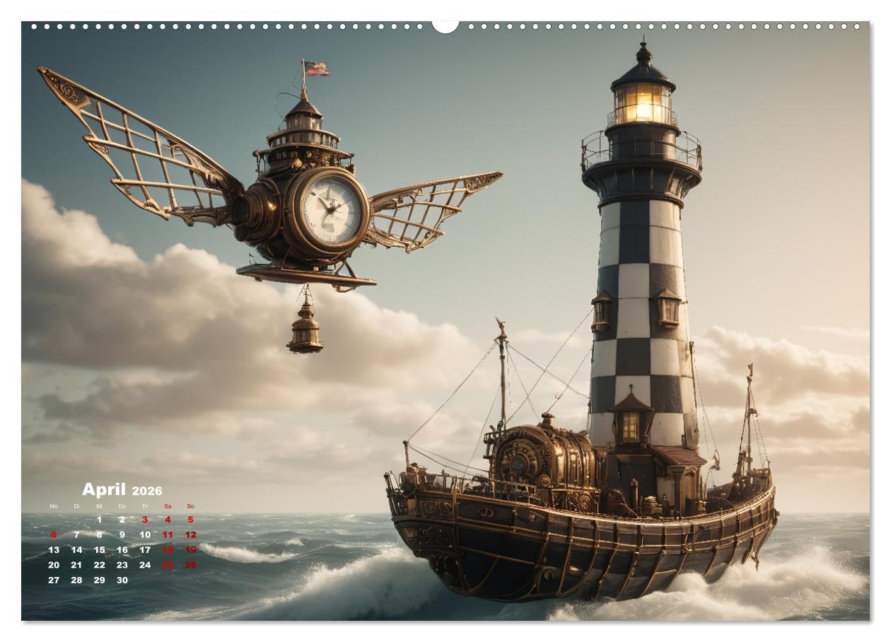 Steampunk - Die Welt der Leuchttürme (hochwertiger Premium Wandkalender 2026 DIN A2 quer), Kunstdruck in Hochglanz: Leuchttürme in einer Steampunk Umgebung (CALVENDO Technologie)