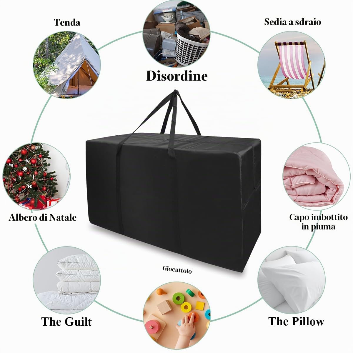 Borse Stoccaggio 160L 90x55x33Cm XXL Borsa Porta Cuscini da Esterno Nero